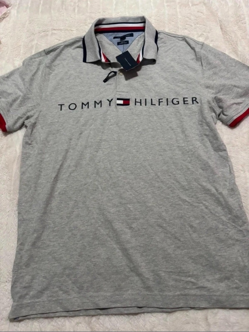 Tommy Hilfiger Light Gray Polo with Red & Navy Trim